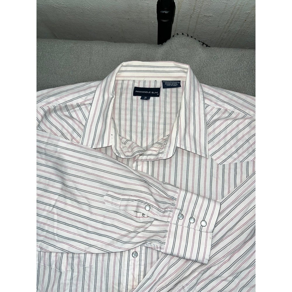 Panhandle Slim Mens 19 37 Western Shirt Poly Cotton White Striped Pearl Snap
